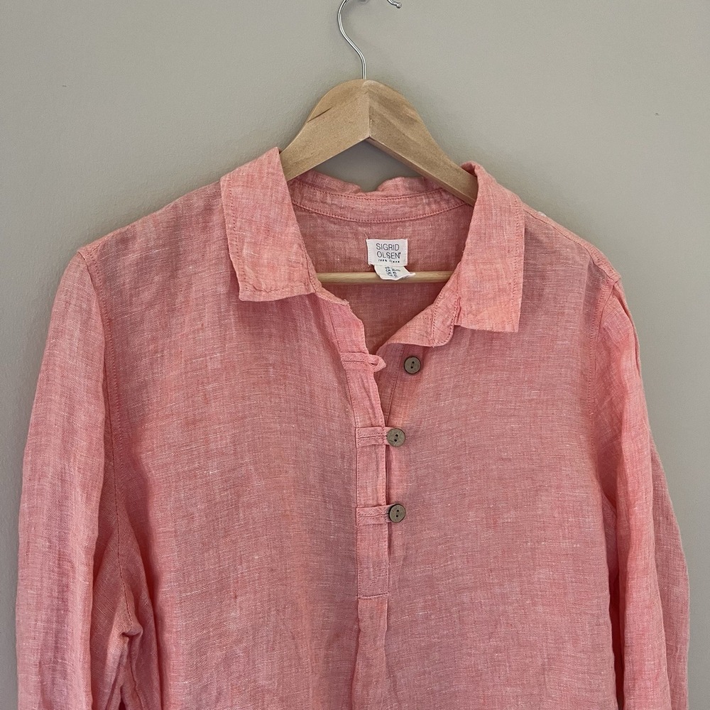 Sigrid Olsen Linen Tunic Women's L Collared Popover Top Button Roll Tab Peach - Picture 2 of 11